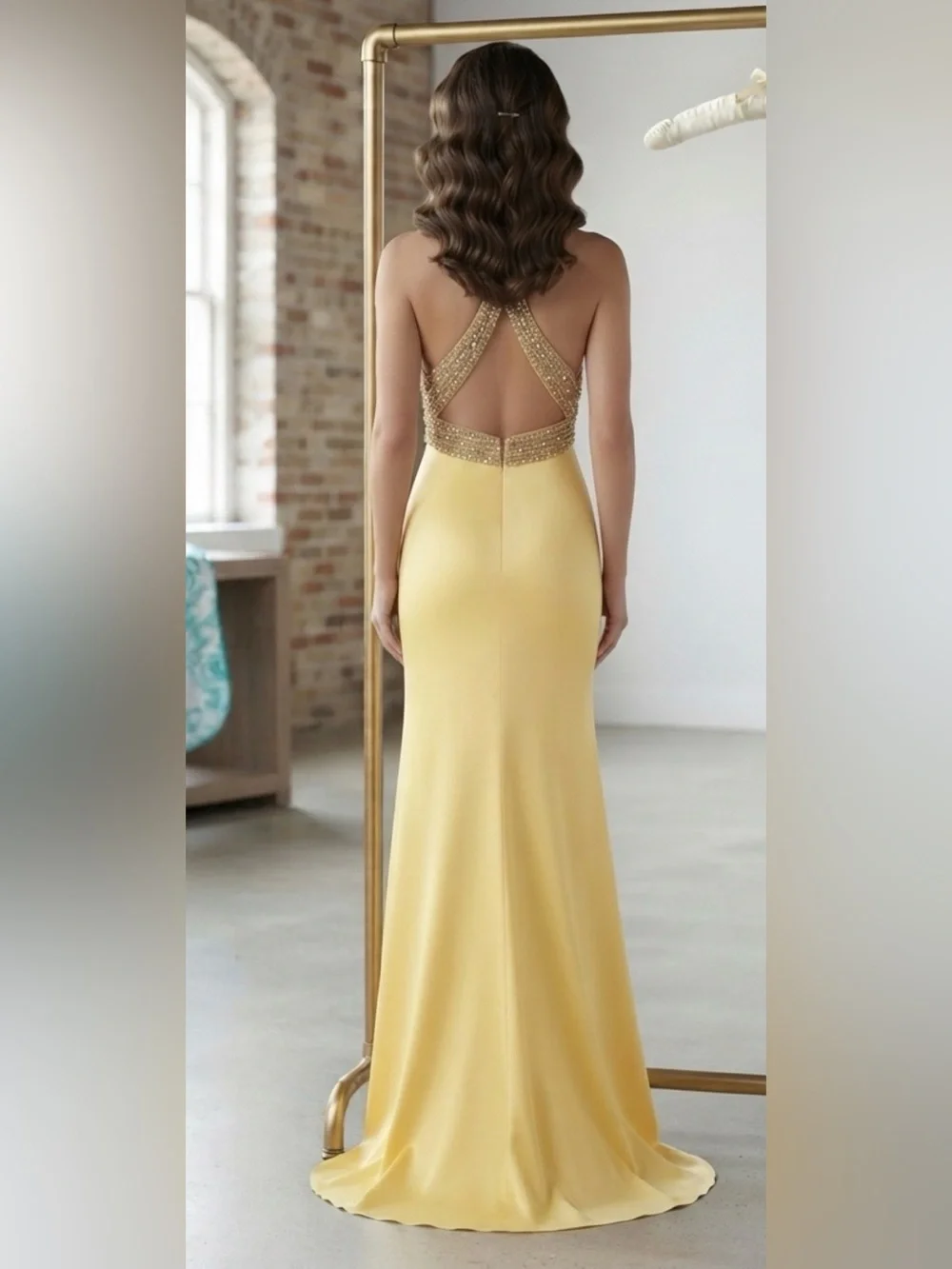 Yellow Halter Prom Gown with Beaded Waist